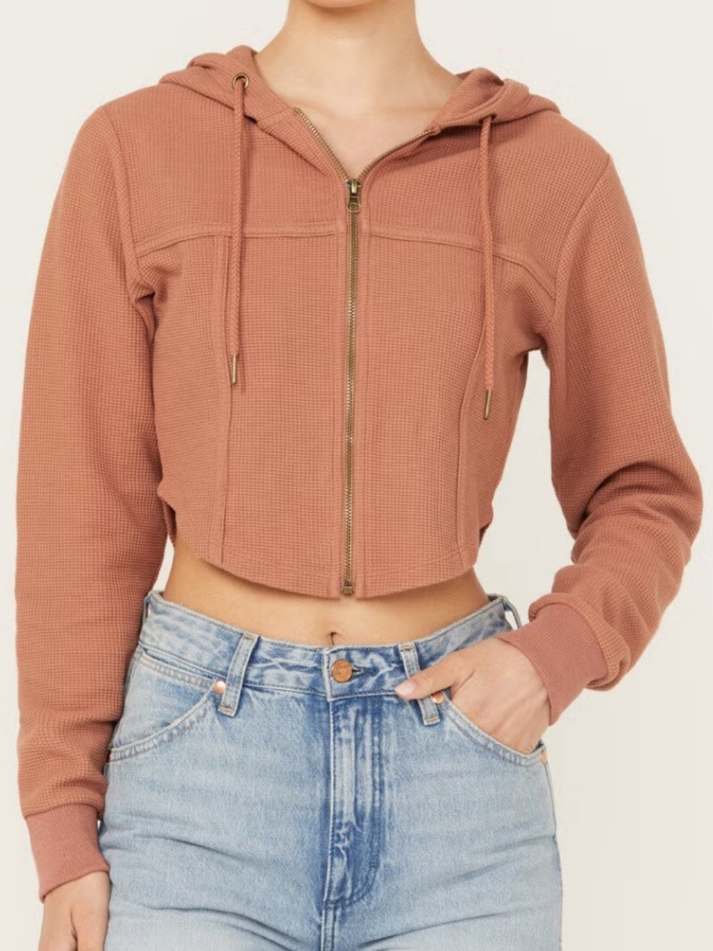 CLEO + WOLF WOMEN’S CORSET CROPPED WAFFLE KNIT HOODIE LIGHT BROWN LARGE